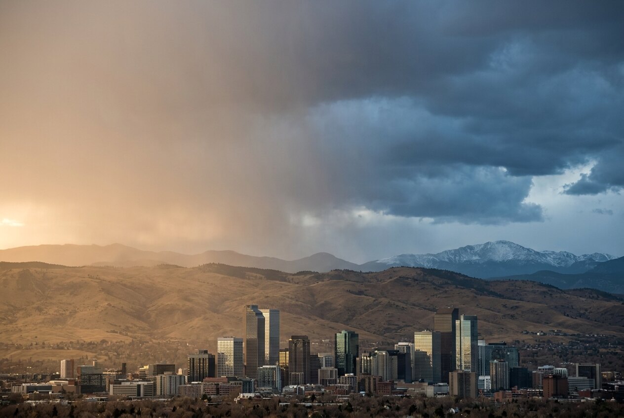 The Denver skyline along the Front Range under a divided sky, hazy heat on one side and a dark storm with snow-dusted peaks on the other