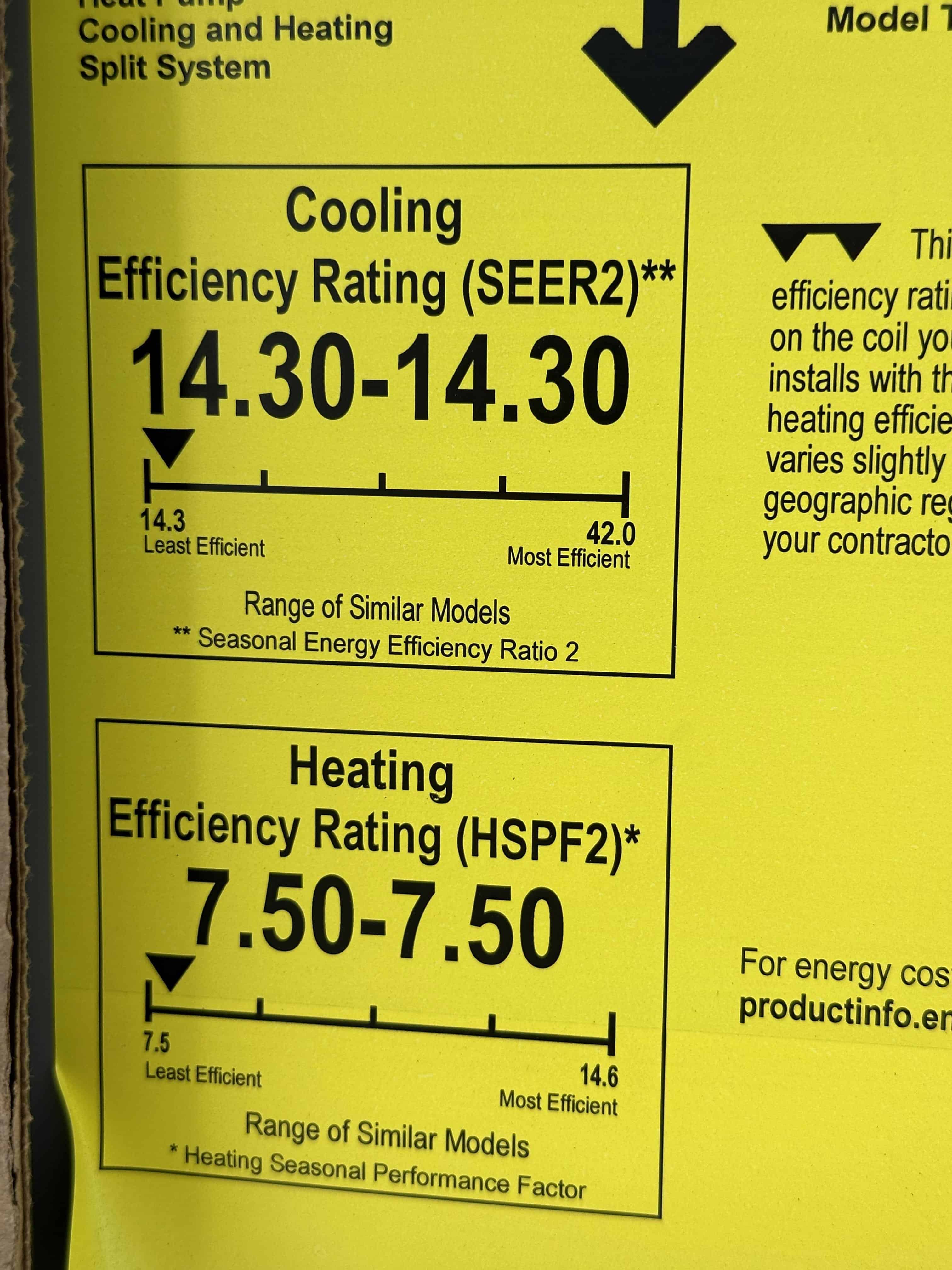 Efficiency label on a heat pump showing 14.3 SEER2 cooling and 7.5 HSPF2 heating ratings