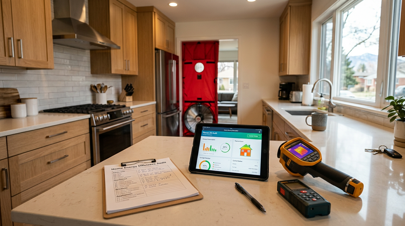Home energy audit with tablet and clipboard for heat pump conversion assessment