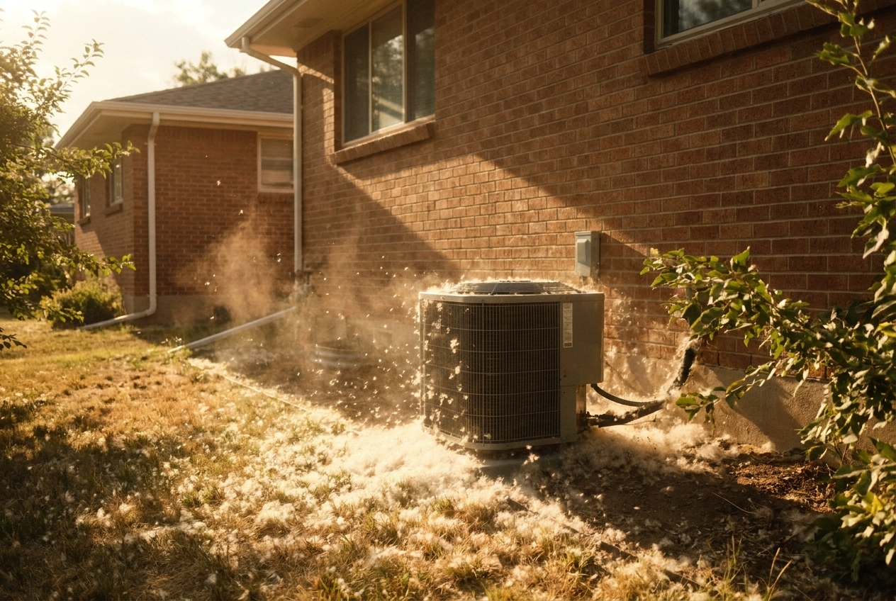 Denver home outdoor condenser surrounded by cottonwood seeds in late May