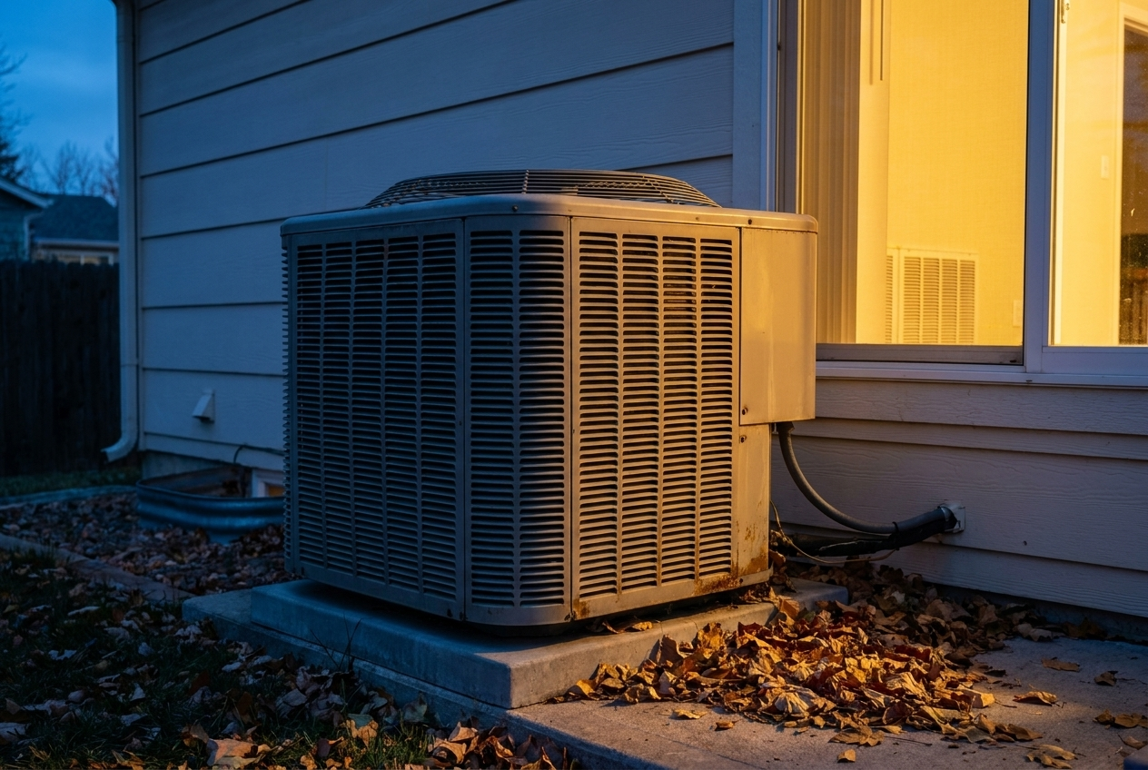 Technician evaluating an aging AC unit at a Denver home, repair-or-replace decision point