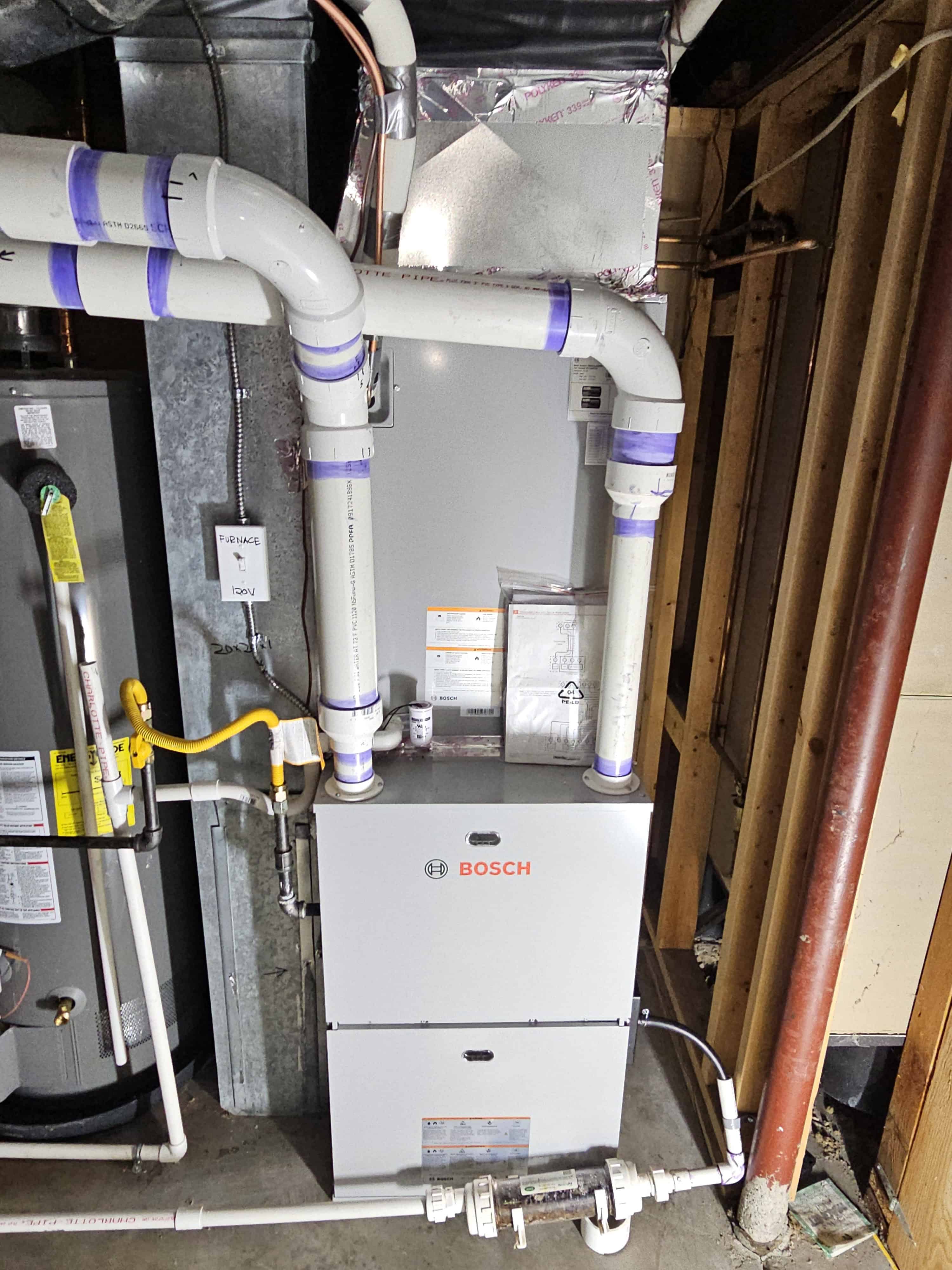 Bosch furnace in a dual-fuel configuration with heat pump piping