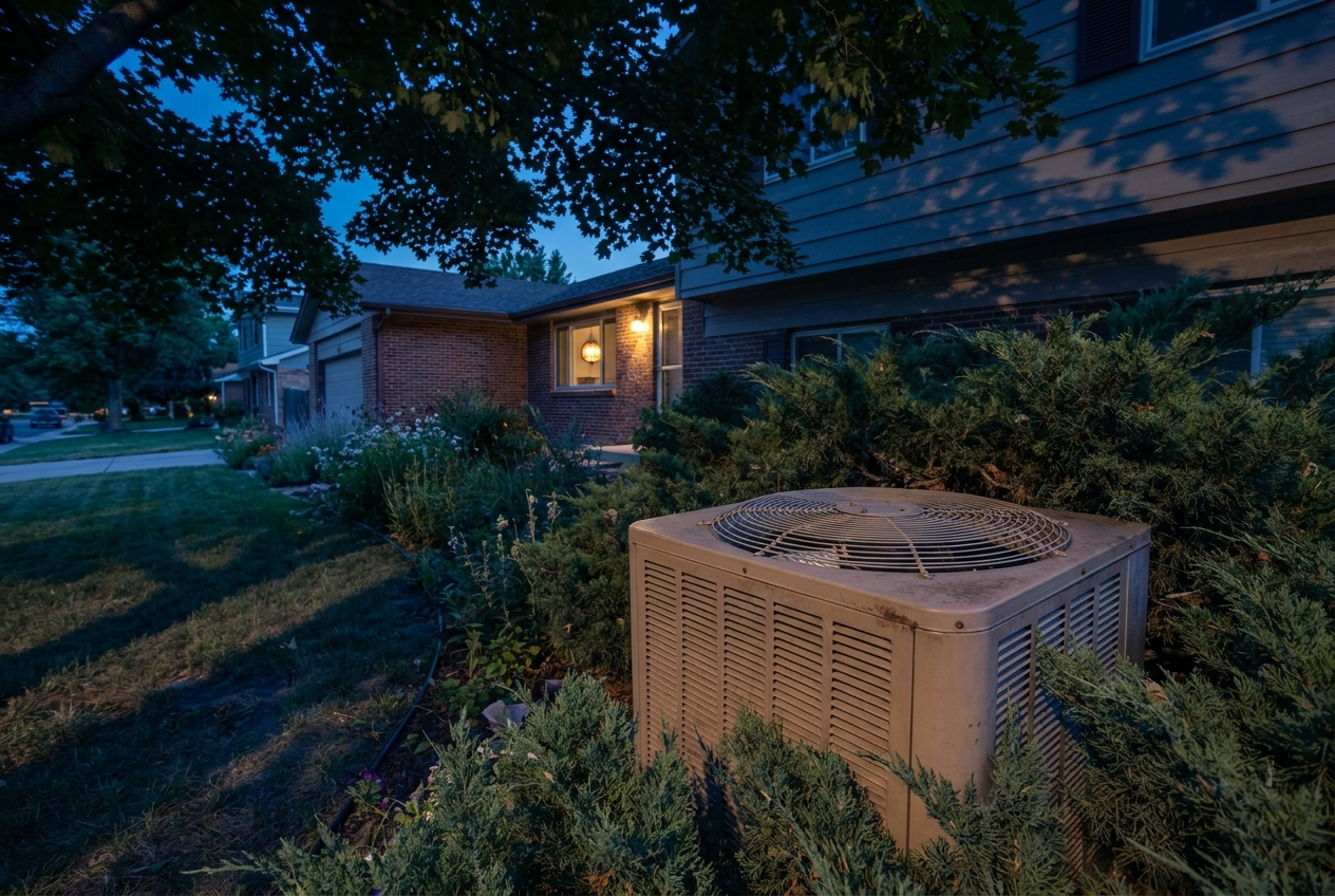 Aging outdoor AC unit at a Denver home showing weathering from sun and dust
