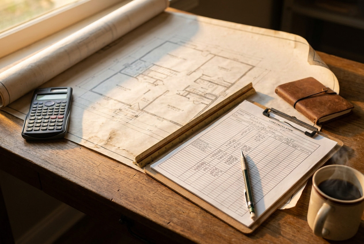 Manual J load calculation worksheet next to a Denver home blueprint